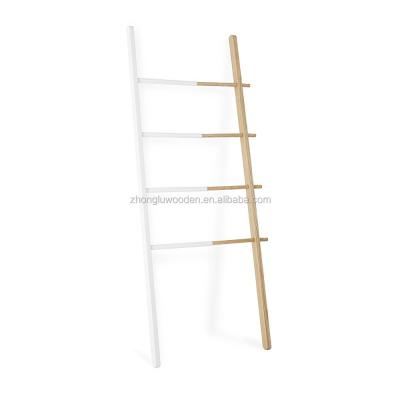 China White/Natural Wood Viable Ladder Pine Freestanding Towel Rack for sale