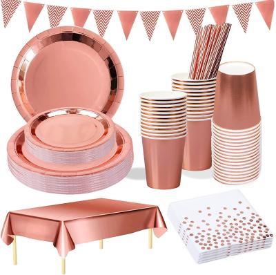 China Pe Rose Gold Party Tableware Set Party Disposable Paper Cups, Paper Plates, Forks, Spoons, Birthday, Wedding Decoration for sale