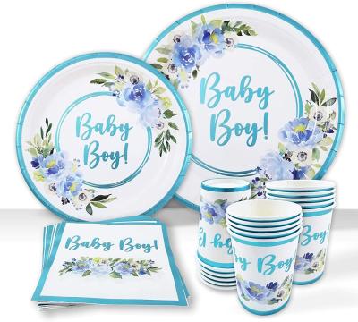 China Baby shower dishes and paper napkins, baby boy decorations | 25 servings with light blue foil, baby blue floral paper plates, napkins, for sale