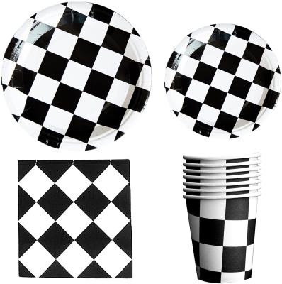 China Black and White Checkered Party Paper Decorations Flag Tableclothplate Napkin Serving Spoons Knife Forks BannersBirthday Party Supplies for sale