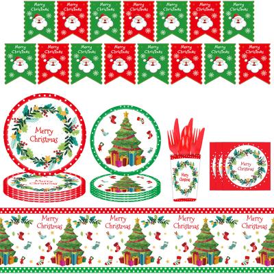 China Christmas Theme Party Paper Decorations Set Paper Plates Cups Tablecloth Christmas Party Tableware Suit for sale