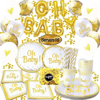 China Pe oh baby decorations for baby shower, party dishes and napkins, oh baby gold balloons banner, gold paper plates, disposable for sale