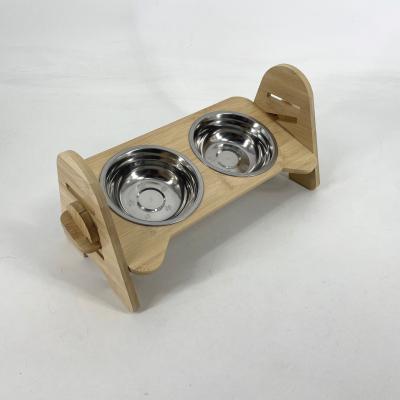 China Non-automatic Bamboo Dog Cat Food Dining Bowl Feeder With Two Stainless Steel Bowl for sale