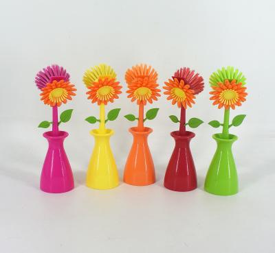 China Viable New Product Flower Style Plastic Dish Cleaning Brush With Holder Set for sale