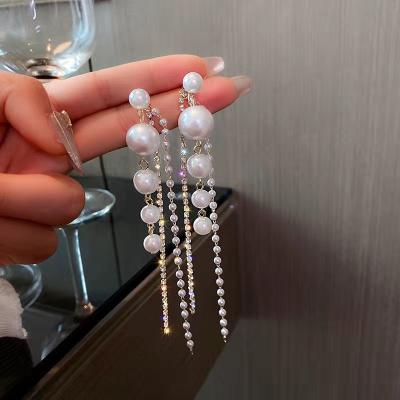 China TRENDY 925 silver personality tassel pearl diamond needle long earrings earrings fashion earrings women for sale