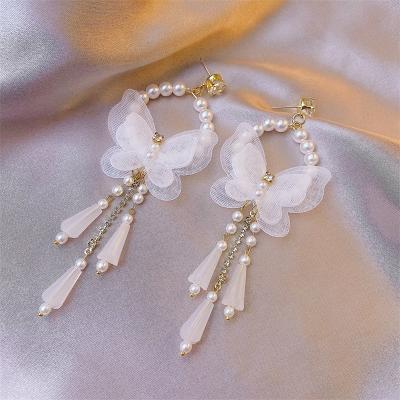 China Temperament Temperament Long Butterfly Big Ear Studs Korean Trendy Pearl Ear Tassel Dangle Earrings For Women Jewelry for sale