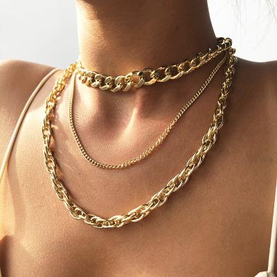 China TRENDY Gold Plated Punk Style Multilayer Necklace Personality Layered Thick Metal Chain Necklace for sale