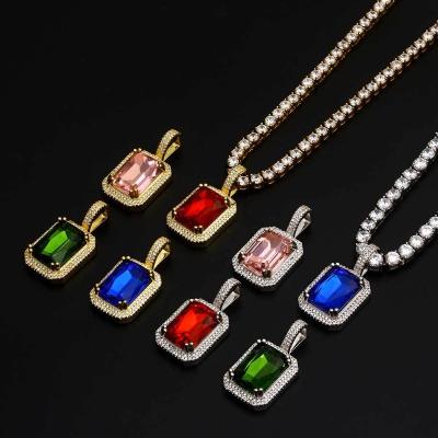 China Hiphop Hiphop Lucky Stone Colorful Stone Pendant Necklace Iced Out Solid Zircon Sapphire Emerald Ruby Gemstone Necklace Luxury Jewelry // for sale