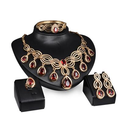 China Hot Selling Vintage Ruby Water Drop Earring Necklace Wedding Gold Bridal Jewelry 4 Piece Set for sale