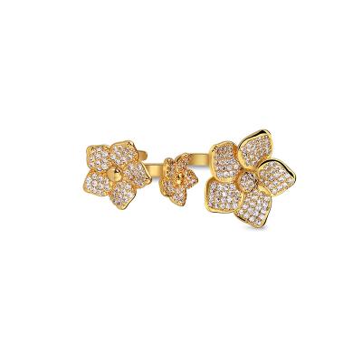 China Cute WUDU Ring Jewelry Gold Silver Plated Zircon Copper Brass Diamond Two Finger Flower Rings For Women for sale