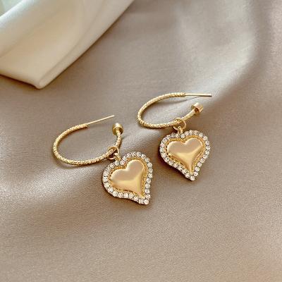 China Best Selling TRENDY CZ Heart Circle Earrings 18k Gold Plated Crystal Rhinestone Heart Drop Earrings S925 Big For Girl for sale