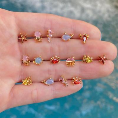 China New Marine Series Stud Earrings Seabed Small Zircon Gold Plated Animal TRENDY Jewelry True Ins Cute Earrings For Women Girl for sale