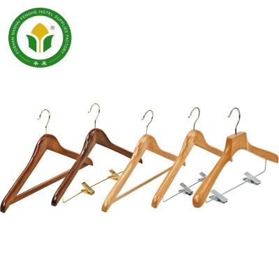 China Customized Traditional Hotel Room Beech Wood Clothes Rack Hanger With Clip for sale