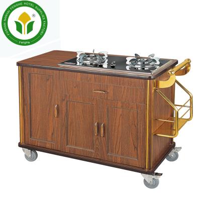 China Wooden Restaurant Gas Stove Cherry Red Wooden Flame Cooking Cart for sale