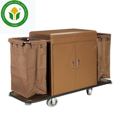 China Modern Hotel Furniture Brown Powder Coated Finished Serving Trolley Housekeeping Trolley Service Cart for sale