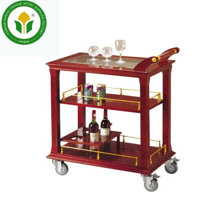 China Hotel 3 Tier Wooden Wine Trolley Cart Elliptical Red Wooden Liquor Cart for sale