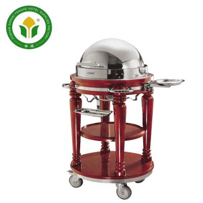 China Hotel Wood Cooking Equipment 3 Tier Wooden Trolley Flambe Trolley for sale