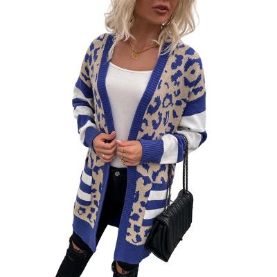 China Women's Leopard Print Cardigan Sweater QUICK DRY Front Loose Knit Coat Open With Pockets for sale