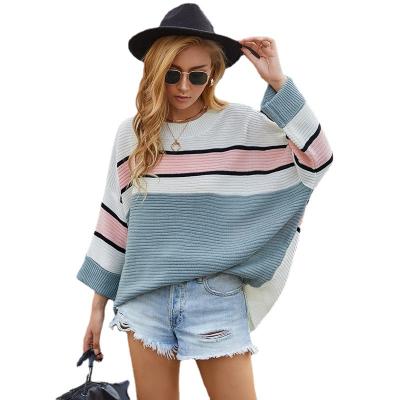 China QUICK DRY Women's Crewneck Long Sleeve Sweater Jumper Tops Bat Wing Oversized Striped Puff Sweater for sale