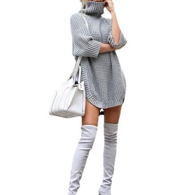 China 2021 Women's Casual Loose Slit Dress Autumn Pullover Dresses Turtle Neck Half Sleeve Sweater Soft QUICK DRY for sale