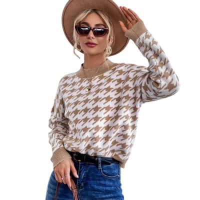 China QUICK DRY Women's Houndstooth Pullover Sweater Knitted Long Sleeve Sweater Style Vintage Knitwear Preppy Top for sale