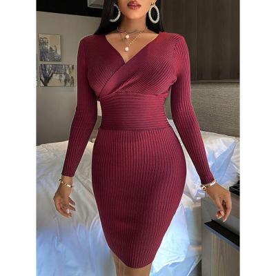 China New Viable Women's Long Sleeve V-Neck Ribbed Wrap Knit Mini Dress for sale