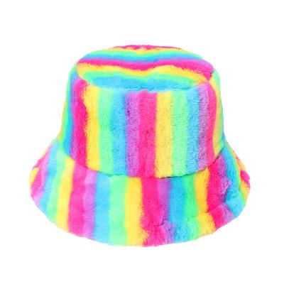 China Wholesale New Plush Designer Winter Plush Tie Dye Striped Bucket Hat Imitation Rabbit Fur Hats For Women Men for sale