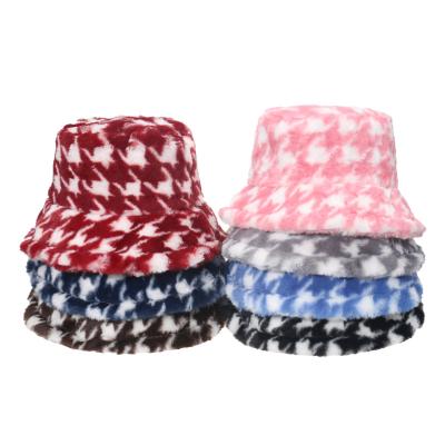 China 2021 New Arrival High Quality Winter Plush Plaid Bucket Hat Warm Printed Faux Fur Hats For Women Lady for sale