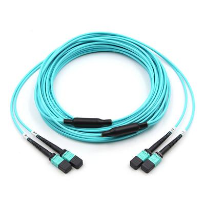 China FiberMania Female to Female 2 x MPO Trunk Cable 24 Fibers OM3 OFNR Aqua Jack for sale