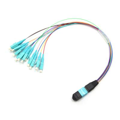 China Male to LC/UPC Harness MPO Fanout Cable 12 Fibers OM3 50/125 10G Hytrel Jacket for sale