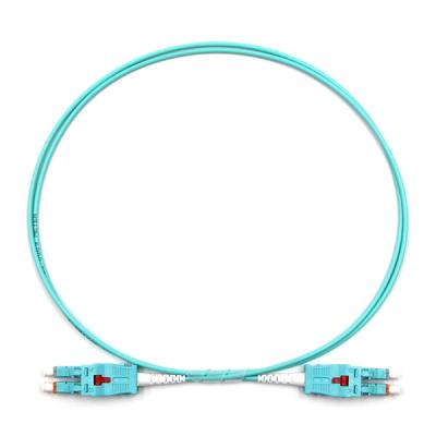 China LC Uniboot To LC Uniboot Fiber Optic Patch Cable Duplex OM3 Multimode OFNR 2.0mm Aqua for sale