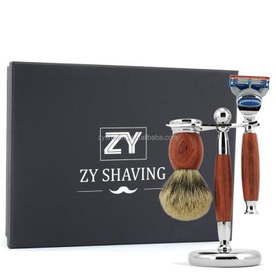 China 5 Layer 5 Layer ZY Blade Men Rose Wood and Alloy Safety Shaving Razor Set Kit Badger Hair Brush Stand + Free Blades for sale