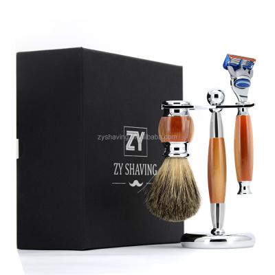 China ZY Shaving Brush Men 5 Lays Razor Badger Hair Brush Metal Stand Holder In Gift Box Shaving Set for sale