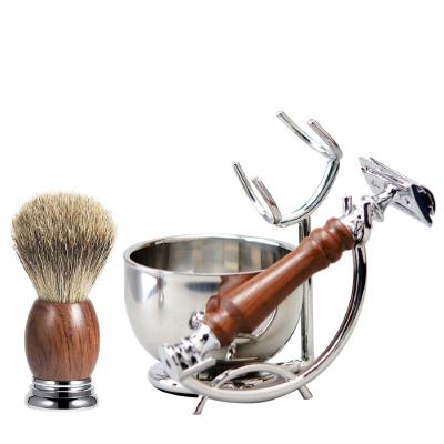 China Durable Factory Direct Men's Tools Stainless Steel Razor + Alloy Razor Cleaning Stand + Nylon Shaving Brush Set for sale