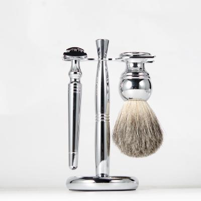 China Durable Factory Direct Men's Tools Silver Razor + Alloy Razor Cleaning Stand + Shaving Brush Shaving Brush Set for sale