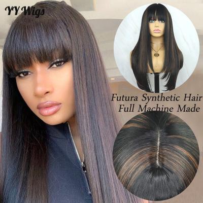 China Natural Looking Synthetic Black Highlight Futura Wig Full Machine Wig Silky Straight Wave With Bangs for sale