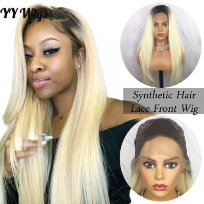 China Long Silky Straight Wave Synthetic Wigs For Women Blonde Color 13x4 With Dark Roots Heat Resistant Lace Front Wigs With Natural Hairline for sale