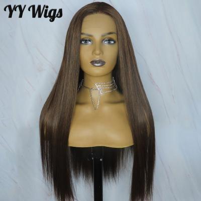 China Long Straight Silky Straight Wave Synthetic Wigs For Women 13x4 Brown Color Heat Resistant Lace Front Wigs With Natural Hairline Highlight for sale