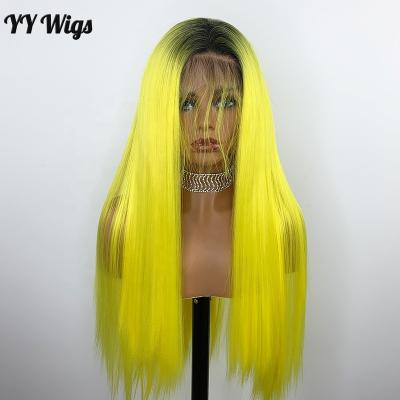 China Long Silky Straight Wave Synthetic Wigs For Women Yellow Color 13x6 With Dark Roots Heat Resistant Lace Front Wigs With Natural Hairline for sale