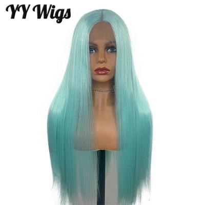 China Cheap Blue Lace Front Wig Soft Pastel Blue Synthetic Silky Straight Long Hair Wigs for sale