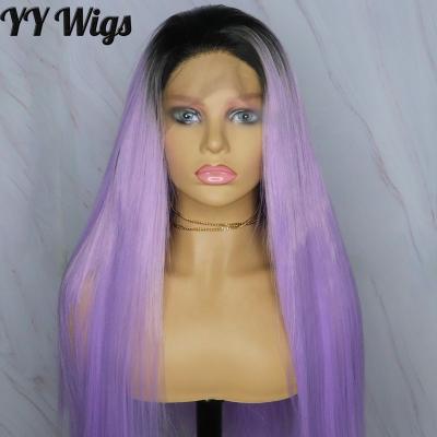 China Long Silky Straight Wave Synthetic Wigs For Women Purple Color 13x4 With Dark Roots Heat Resistant Lace Front Wigs With Natural Hairline for sale