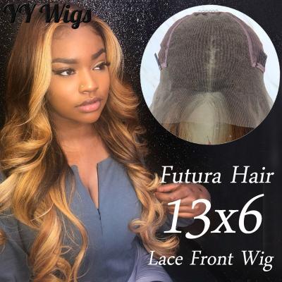 China Long Wavy Synthetic Lace Front Wig Honey Blonde Body Wave Lace Front Wig Futura Hair Ombre Highlights 13x6 For Black Women for sale