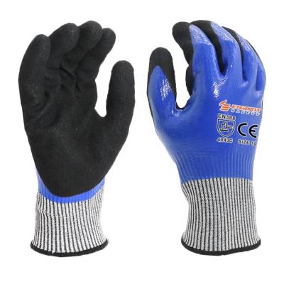 China Finish Resistant Blue Double Coated Sandy Palm Nitrile High Cut Grip Cut Resistant Gloves Anti Cut en venta