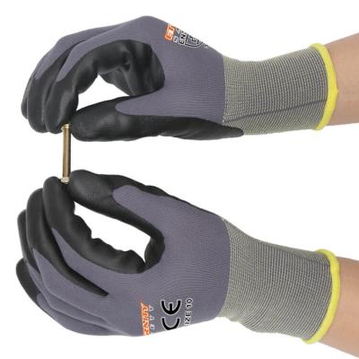 China Fluctuating Good Prices Gray Nylon Lightweight Black Nitrile Palm Recycled Yarn Knit Women Garden Work Nitrile Gloves for sale