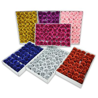 China Home.Restaurant.Bar.Hotel.Wedding Wholesale Cheap Artificial Silk Bling Rose Head Bouquet Wrapped Gift Box Powder 50pcs Gold Flowers Waterproof Bulk Flower for sale