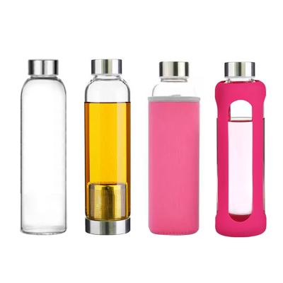 China Sustainable Drinking Glass Water Bottle With Stainless Steel Sleeve And Lid For Juice, Tea, Drinks for sale