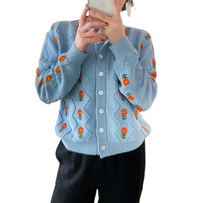 China Anti-wrinkle 2021 spring summer wholesales sweater manufacturer high quality flower embroidered cardigan sweaters antique fashion blue sweet for sale