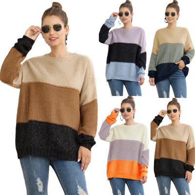 China 2020 Wholesale Custom Anti-Wrinkle Women's Clothing Round Neck Striped Long Sleeve Casual Knitted Loose Pullover Crew Sweater Manufacturer for sale