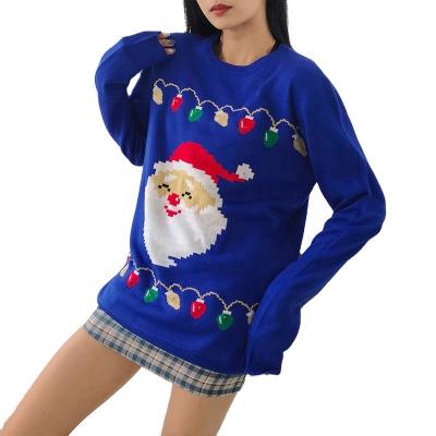 China Christmas News Sweater Manufacturer Anti-Wrinkle Old Man Style Round Neck American Hot Loose Sweater Ladies Casual Tops With LED Light for sale