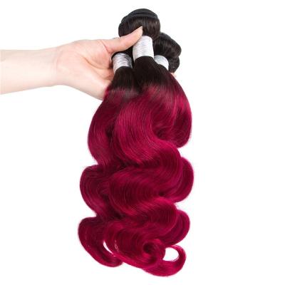 China Body Wave 1B/Burgundy Ombre Body Wave Bundles With Frontal Closure 2 Tone Non Remy Brazilian Hair Weave Colored 3 Bundles With Headband for sale